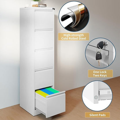 5 Drawer File Cabinet with Lock, Vertical Filing Cabinets for Home Office, Metal Storage Cabinets, Heavy Duty File Cabinet for Letter/Legal/A4/F4 Size Amsseble Required, White