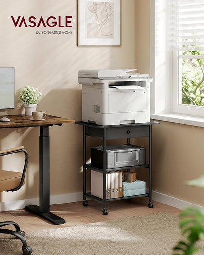 VASAGLE Printer Stand, Rolling Printer Cart, Under Desk Table, Mobile with Lockable Wheels, Steel Frame, for Home Office, 2 Storage Shelves Removable Drawer, 3-Tier, Ebony Black UOPS007BE01S