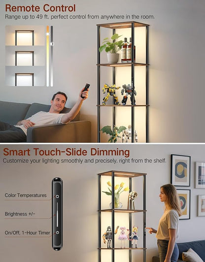 5 Tier Tall Display Shelves with LED Lights, Touch & Remote Control, Dimmable Display Cabinet, Open Bookshelf with 3 Color Temperature, Timer for Living Room, Bedroom, Home Decor