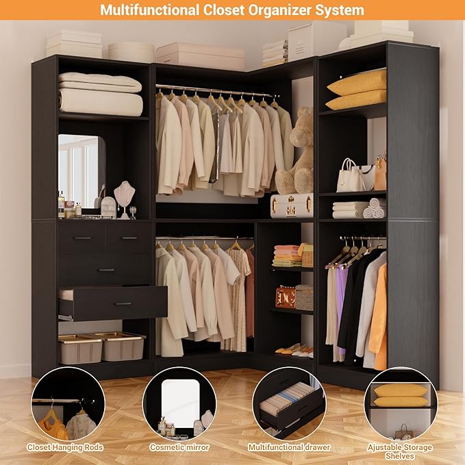 Unikito 86” Closet System, Corner Closets Organizer with Hanging Rods and Mirror, Freestanding Adjustable Clothes Garment Racks with Drawers, Sturdy Walk in Closet Kit with 3 Set Closets Tower, Black