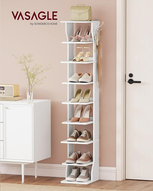 VASAGLE 9-Tier Vertical Shoe Rack, Narrow Shoe Storage Organizer with Hooks, Slim Corner Tower Shelf, Space-Saving for Entryway and Bedroom, White ULBS210WB01