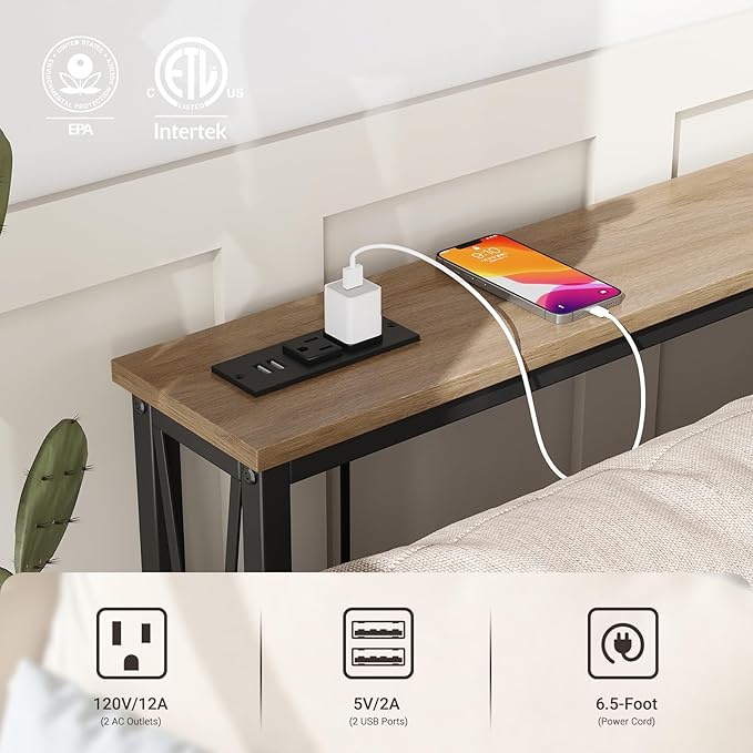 ELYKEN 5.9" Narrow Console Sofa Table with Power Outlets, 5.9" Dx63 Wx31.5 H Long Skinny Behind Couch Table with “X” Cross Metal Frame and Charge Station with 6.5’ Extension Cord, White Oak