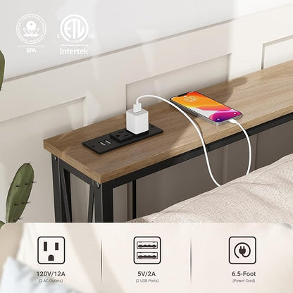 ELYKEN 5.9" Narrow Console Sofa Table with Power Outlets, 5.9" Dx63 Wx31.5 H Long Skinny Behind Couch Table with “X” Cross Metal Frame and Charge Station with 6.5’ Extension Cord, White Oak
