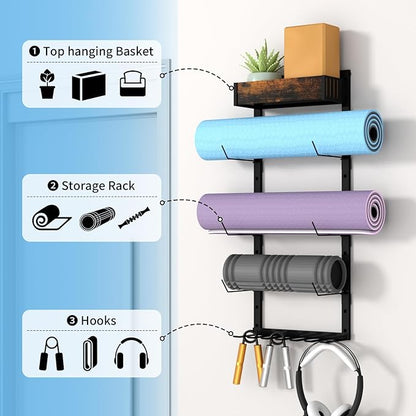 Yoga Mat Holder Wall Mount - Tool-free Adjustable Yoga Mat Rack Shelf, All-in-one Foam Roller Holder for Resistance Bands & Blocks, Space-saving Home Gym Organizer for Small Space Training Storage