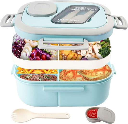 Adults Bento Lunch Box,Salad Container Large 43oz Salad Bowl, Bento-Style Tray for Toppings, 3oz Sauce Container for Dressings, and Built-In Reusable Fork (Blue)