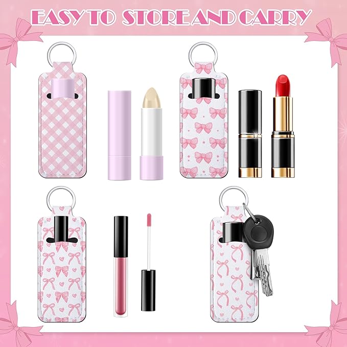 12 Pcs Lipstick Holder Keychain Bulk Cute Pocket Lip Balm Holder Keychain Backpack Purse Accessories for Women Lip Gloss Sleeve Pouch, 6 Style(Pink Bow)