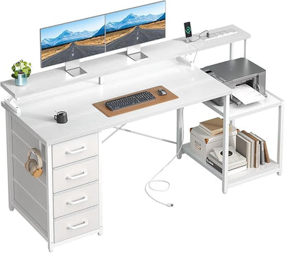 ODK 55 Inch Computer Desk with 4 Drawers, Office Desk with Power Outlets, Printer Shelf & Storage Shelves, Large Writing Study Table for Home, Bedroom, Study or Gaming Setup, White
