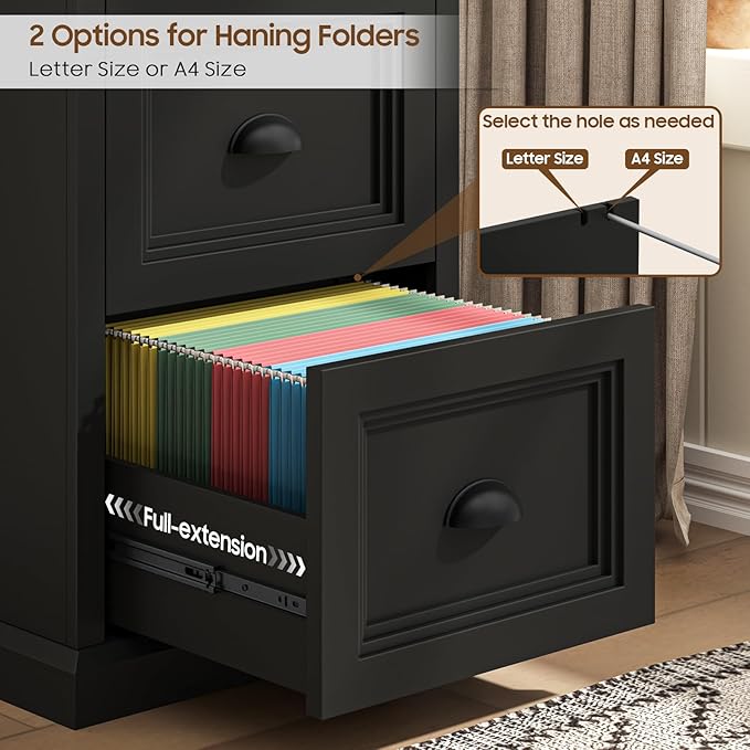 Vertical File Cabinet, Filing Cabinet with 2 File Drawers, Farmhouse Small File Cabinet Fits Letter/A4 Size, Wooden Printer Stand, Under Desk Cabinets for Home Office, Black