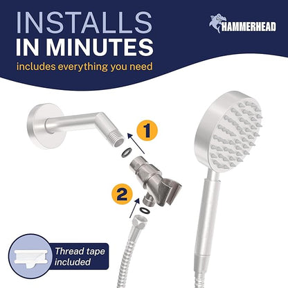 HammerHead Showers® Solid Metal Handheld Shower Head Holder - Brushed Nickel - Adjustable Shower Wand Holder with Universal Wall Hook Bracket and Brass Pivot Ball - Hand Held Shower Head Holder