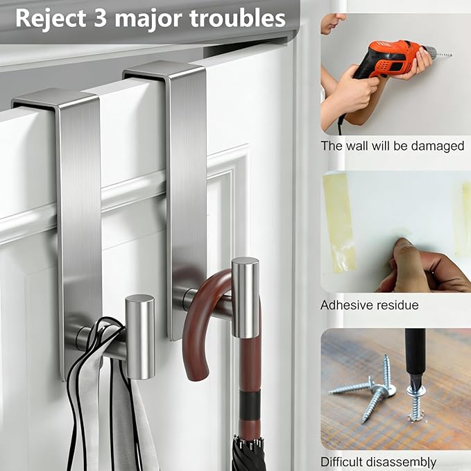 PMMASTO 2-Pack Over The Door Hooks - Rustproof Stainless Steel Door Hangers for 1-3/4 Inch Doors, Non-Marking and Tool-Free Easy Install (Silver, T Shape-Fits 1-3/4" Thick Door)