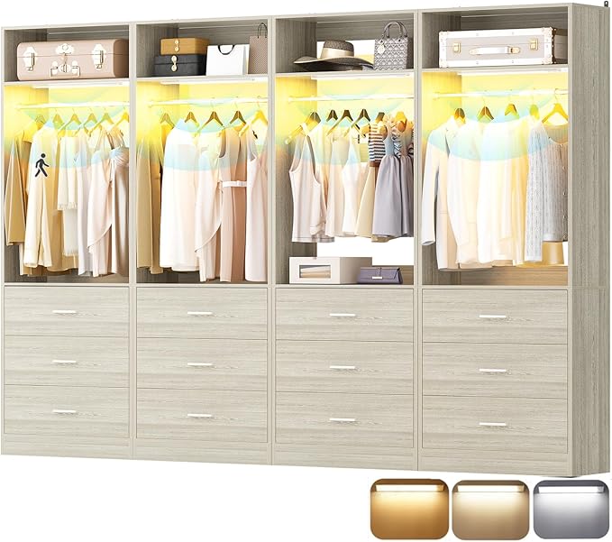 8FT Closet System with 4 Motion Sensor LED Lights, 96" Closet Systems with 12 Drawers, Closet Organizer System with 4 Hanging Rods & 4 Shelves, Heavy Duty 96 Inch Walk-in Closet, White Oak
