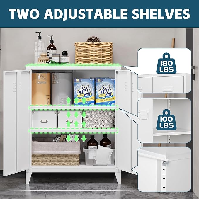 MIIIKO Metal Locker with 2 Doors,White Storage Sideboard Accent Cabinets for Kitchen,Pantry,Office，Garage