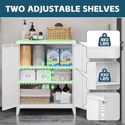 MIIIKO Metal Locker with 2 Doors,White Storage Sideboard Accent Cabinets for Kitchen,Pantry,Office，Garage