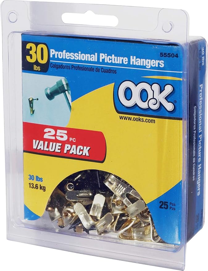 OOK 535890 Professional Picture Hangers, Art Hangers, Padded, Reusable Picture Hooks, 30lb (25 set)