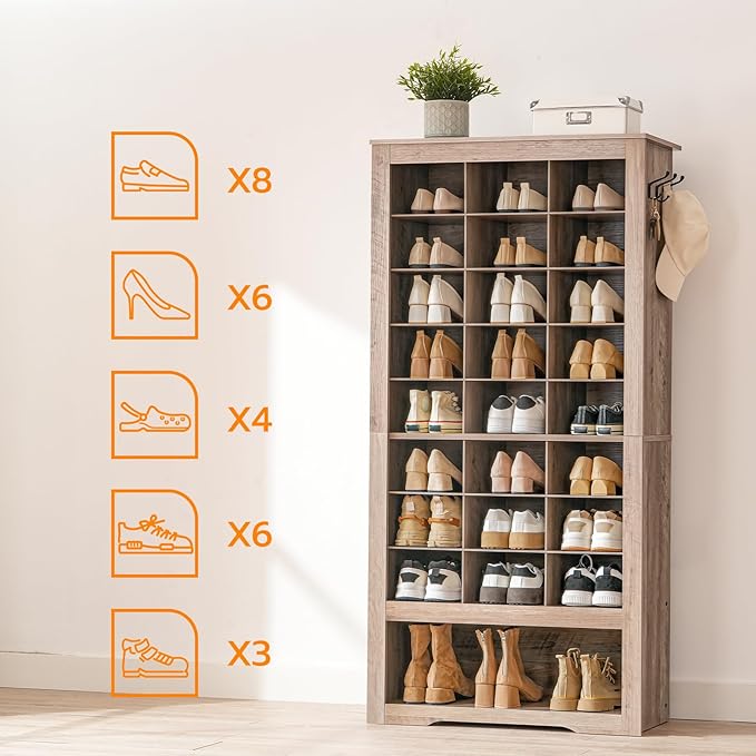 HOOBRO Tall Shoe Cabinet Set of 2, 9 Tier Shoe Storage Cabinet, Freestanding Wooden Shoe Organizer with 24 Cubbies and 3 Hooks, for Entryway, Closet, Living Room, Greige BG24SCP201