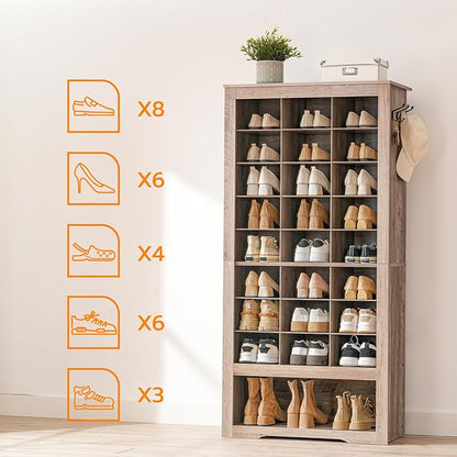 HOOBRO Tall Shoe Cabinet Set of 2, 9 Tier Shoe Storage Cabinet, Freestanding Wooden Shoe Organizer with 24 Cubbies and 3 Hooks, for Entryway, Closet, Living Room, Greige BG24SCP201