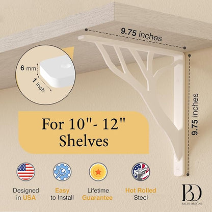 Rustic Tree White Heavy Duty Shelf Brackets 10 inch by Balin Designs, Decorative L Brackets, Iron Metal Floating Shelf Bracket, Wall Mount Shelving Bracket, Included Hardware, Set of 4