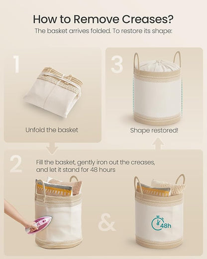 SONGMICS Laundry Hamper, Cotton Rope Laundry Basket with Handles, for Clothing, Living Room, Bedroom, 15.8 Gallons, 16.1 x 16.1 x 18.1 Inches, Cloud White and Camel Brown URLH060K01
