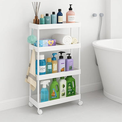 ShellKingdom 4 Tier Bathroom Storage Organizer, Slim Rolling Storage Cart for Narrow Space, Mobile Shelving Unit with Lockable Wheels and Hooks for Bathroom, Kitchen, Laundry Movable Shelf (White)