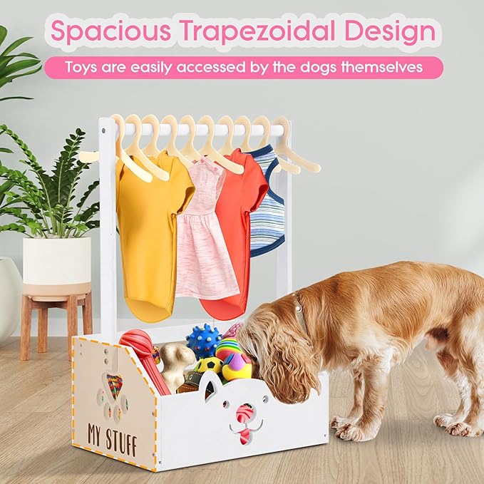 Chunful Dog Closet Wooden Pet Wardrobe Closet Dog Toy Storage Bin with Handle Pet Clothes Rack for Cat Organization and Storage Accessories, 19" x 13" x 9" (White)