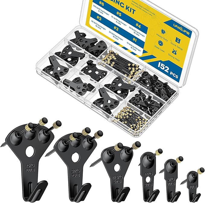 Uniclife 152 Pcs Picture Hanging Kit, 10 lb, 20 lb, 30 lb, 50 lb, 75 lb, 100 lb Heavy Duty Picture Hangers for Drywall & Wood, Picture Hanging Hooks for Hanging Photos Mirrors Paintings,Black