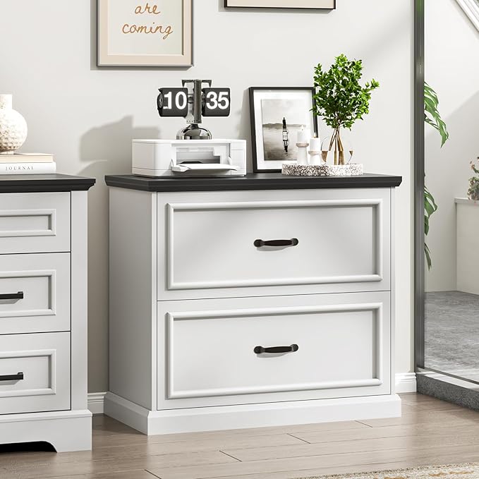 2 Drawer File Cabinet, Farmhouse Lateral Filing Cabinet for Letter/A4/F4/Legal Size Hanging Files, Large Wood File Storage Cabinets Printer Stand for Home Office, White and Black
