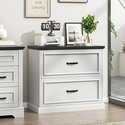 2 Drawer File Cabinet, Farmhouse Lateral Filing Cabinet for Letter/A4/F4/Legal Size Hanging Files, Large Wood File Storage Cabinets Printer Stand for Home Office, White and Black
