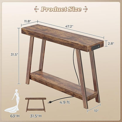 Huuger Console Table with Charging Station, USB-C Port, 2 Tiers Entryway Table, 47.2 Inch Sofa Table with Metal Legs, Entry Hallway Table with Thicker Desktop, Behind Couch Table, Rustic Brown