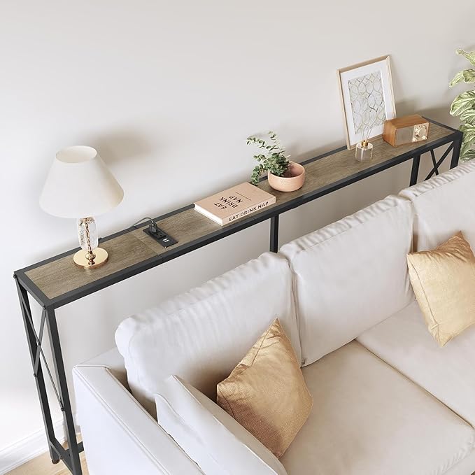 70" Sofa Tables Narrow Long, Behind Couch Table with Oulets & USB Ports, Industrial Long Skinny Stand for Entryway,Hallway, Living Room, Bedroom 7.9" D x 70" W x 30.3" H