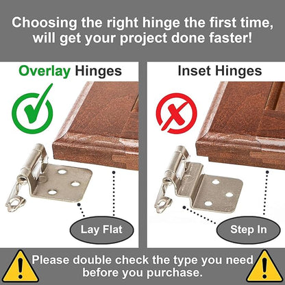 DecoBasics Cabinet Hinges Brushed Nickel for Kitchen Cabinets Doors (25 Pair -50 Pcs) -1/2" Overlay (Variable) -Self Closing Kitchen Cabinet Hinges Flush Mount w/Silicon Bumpers & Hardware Screws