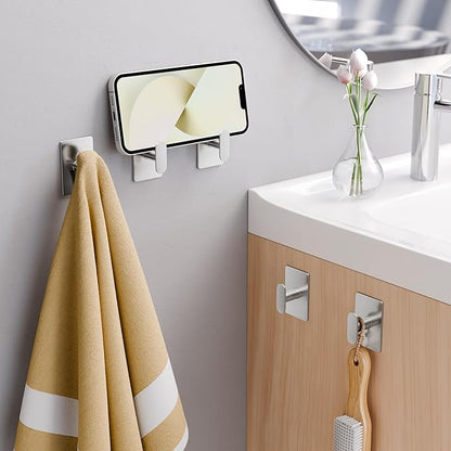 pickpiff Adhesive Towel Hooks for Bathroom: 20LB Extra Strong Wall Hanger for Shower Kitchen RV Dorm Apartment, Silver 4 Pack