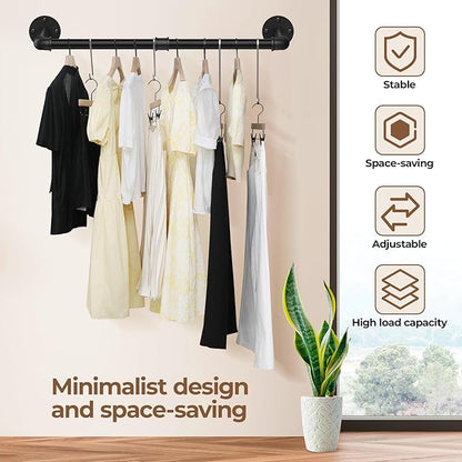 Wall Mounted Clothes Rack 38.4 Inch, 2 Pack Industrial Pipe Clothing Rack, Black Wall Clothing Rack, Multi-Purpose Clothing Hanging Rod for Closet