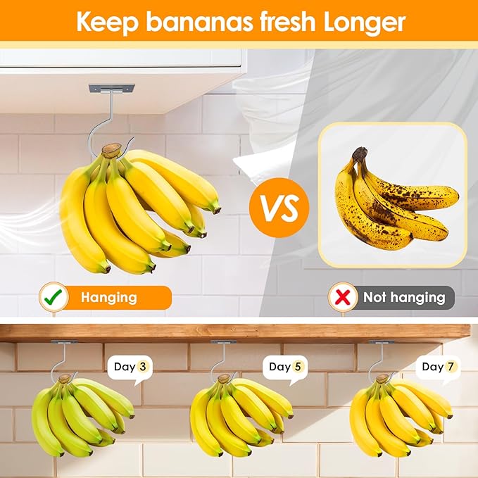 Self Adhesive Banana Hook Under Cabinet Foldable Banana Hanger Metal Under Counter Banana Hook to Keep Bananas Fresh Banana Holder for Kitchen RV Space Saving, Silver