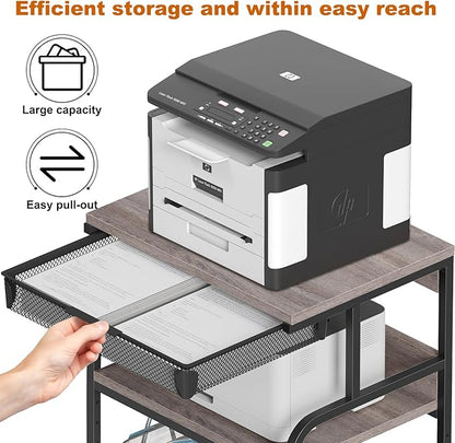 EasyCom 23.6''x18.9'' Extra Large Printer Stand with Drawer, 5-Adjustable Heights 3 Tier Table with Wheels, Rolling Printer Cart with Storage for Printer Scanner Fax Home Office Use