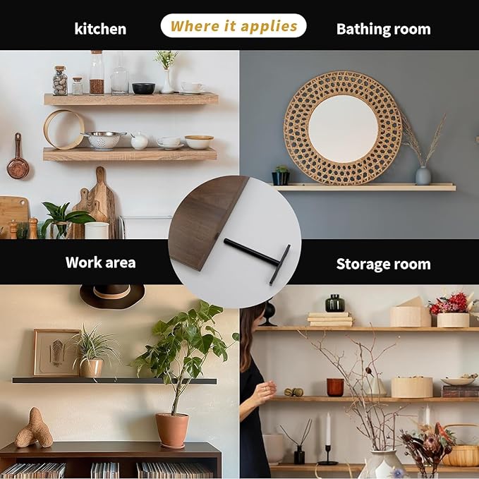 Antrader Black Floating Shelf Bracket,2 Inch Hidden Shelf Brackets for Floating Wood Shelves,Screws and Wall Plugs Included,4Pcs