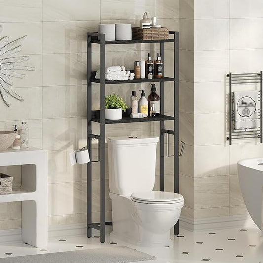 Over The Toilet Storage Rack, 3 Tier Bathroom Organizer Over Toilet, Freestanding Space Saver Toilet Stand with 2 Hooks, Bathroom Storage Shelf, Easy to Assemble, Black TSBK6001