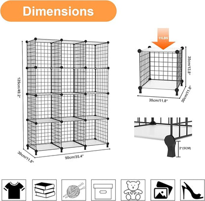 AWTATOS 12 Cube Storage Wire Closet Organizers DIY Stackable Storage Shelves Bookcase Cabinet for Home Office, Black