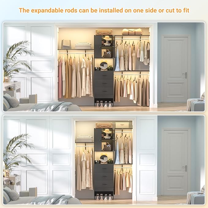 Armocity 96 Inches Closet System with Doors, 8FT Walk In Closet Organizer with 3 Shelving Towers, Heavy Duty Clothes Garment Rack with 3 Wood Drawers, 96" L x 16" W x 80" H, Max Load 1000 LBS, Black