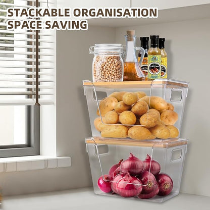 2 Set Pantry Organizers and Storage - Stackable Pantry Storage Bin Containers for Potato, Onion, Garlic, Fruit, Vegetable, Produce - Clear Front Open Kitchen Organization Baskets with Lid