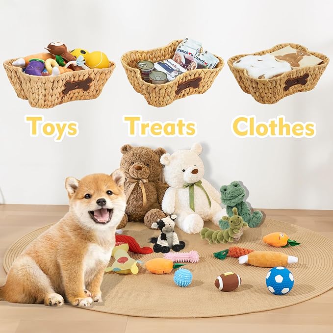 ELONG HOME Wicker Basket for Pet Toys, 2 Pack Stylish and Natural Dog and Cat Toy Basket, Dog Storage Organizer with Bone Shape
