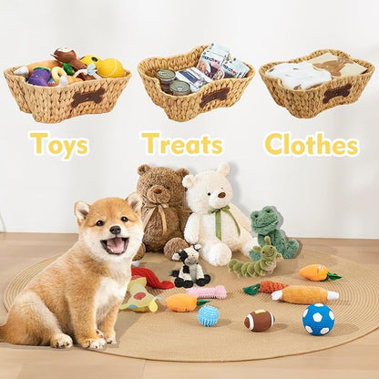 ELONG HOME Wicker Basket for Pet Toys, 2 Pack Stylish and Natural Dog and Cat Toy Basket, Dog Storage Organizer with Bone Shape