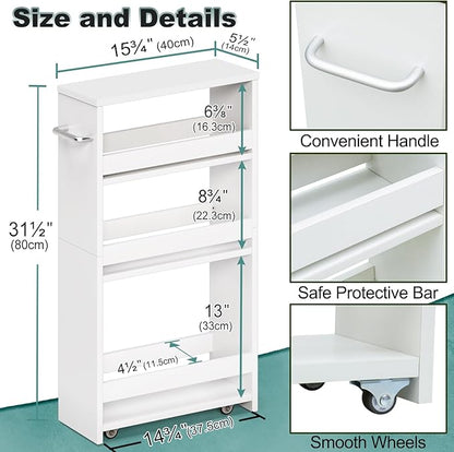 MARTY White Slim Storage Cart with Wheels, 4 Tier Rolling Utility Cart with Handle Slide Out Shelving Unit Organizer Trolley for Laundry Kitchen Bathroom Narrow Places Small Corner
