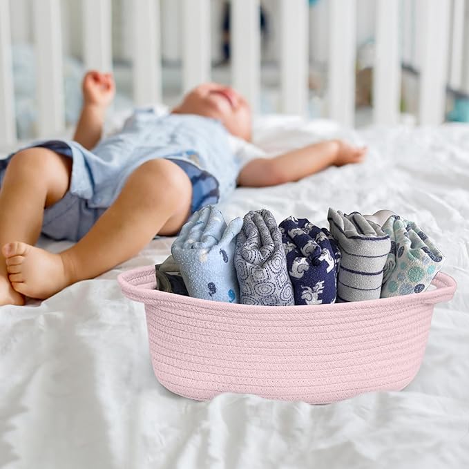 Small Woven Gift Basket, Baskets for Gifts Empty, Cotton Rope Cat Dog Toy Box, Nursery Baby Organizer with Handles, Cute Wicker Storage Bin for Home Decor, Light Pink, 12"x 8"x 5"