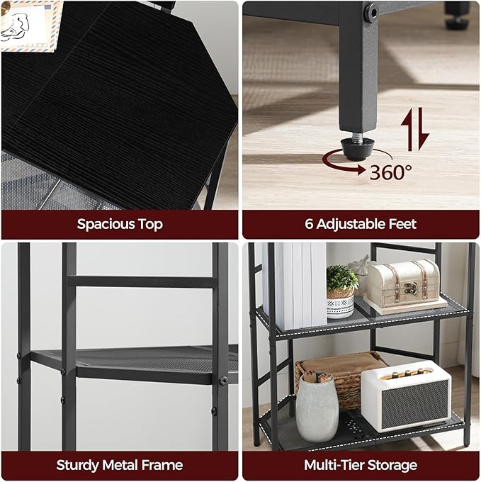 Corner Printer Stand with Charging Station, 3-Tier Large Printer Table with Adjustable Feet, Metal Frame Storage Shelf for Office, Living Room, Small Space, Black PTBK14E01
