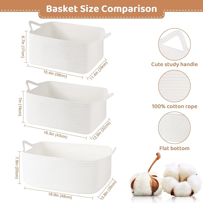 Large Empty Gift Baskets for Baby Shower, 18.9" L x 13.8" W x 7.8" H Cute Woven Storage Basket with Gift Bags and Ribbons, Small Rope Toy Basket with Handles, Cat Dog Pet Toy Organizer - White