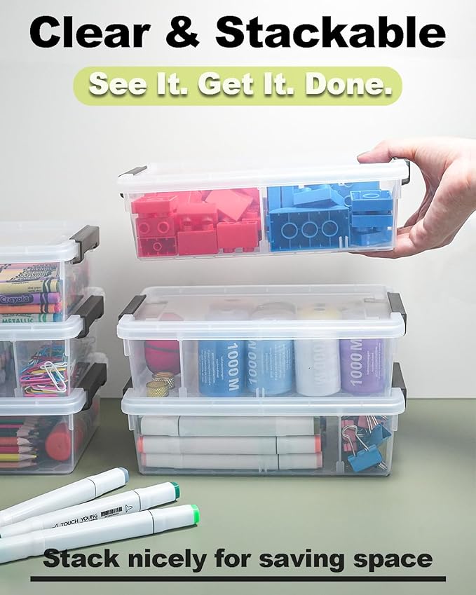 6 Pack Extra Large Pencil Box with Removable Divider, Thickened Pencil Case Bulk, Clear Crayon Marker Organizer Stackable Plastic Small Storage Containers for Pen Craft School Supplies(Grey)