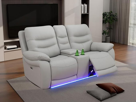 Power Reclining Sofa, 2-Seater Loveseat Living Room Furniture Sets, Light Grey Breathing Leather Power Reclining Loveseat with Cup Holder/LED Light/USB Port Sofa Couches for Living Room,Rv Car