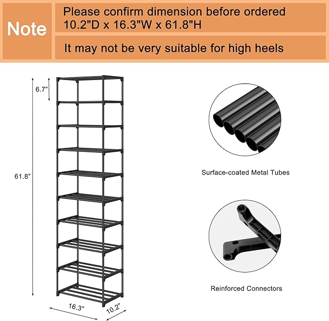 10 Tier Tall Shoe Rack, Narrow Lightweight Shoe Shelf, Compact Vertical Shoe Stand, Small Space Saving for Closet Floor, Dorm Storage Organizer, Front Door Entrance, Entryway