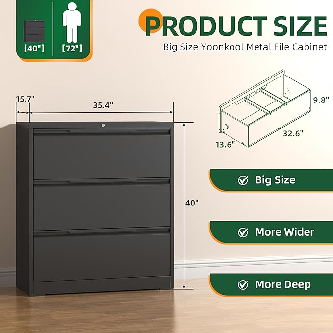 Lateral File Cabinet, 3 Drawer Lateral File Cabinet with Lock, Metal Filing Cabinets for Home Office, Black Wide Deep Drawer for Hanging Files Letter/Legal/A4/F4 Size, Printer Stand, Assembly Required