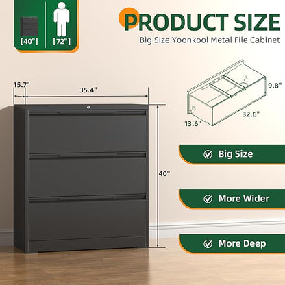 Lateral File Cabinet, 3 Drawer Lateral File Cabinet with Lock, Metal Filing Cabinets for Home Office, Black Wide Deep Drawer for Hanging Files Letter/Legal/A4/F4 Size, Printer Stand, Assembly Required